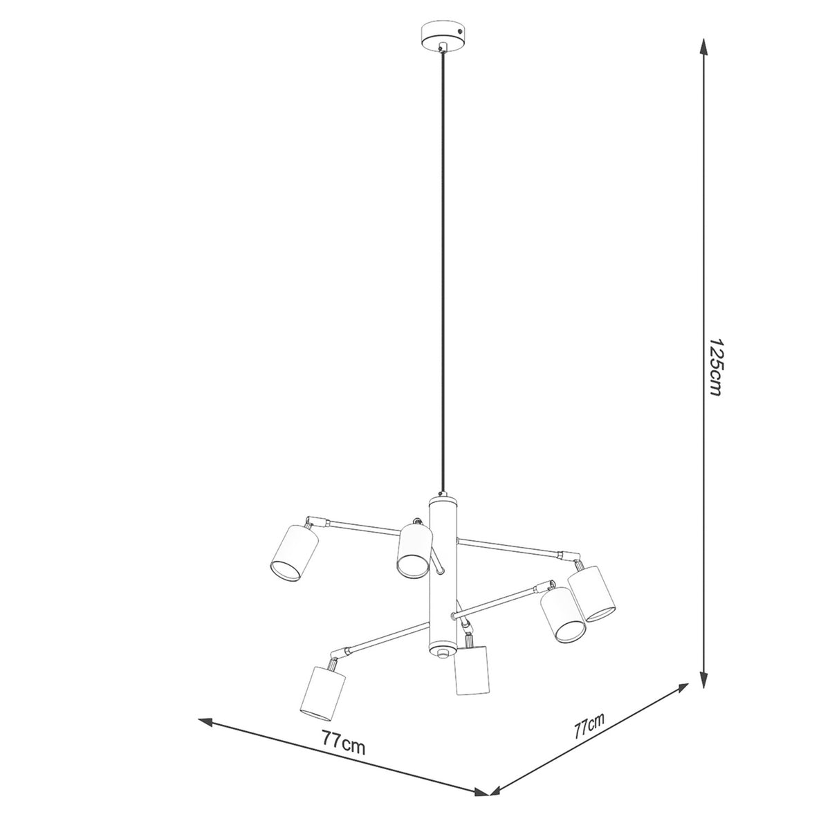 Schéma de dimensions du lustre suspendu : 125 cm de hauteur, 77 cm de largeur et profondeur.