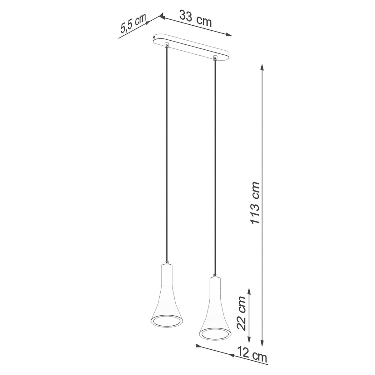 Schéma coté du luminaire : largeur 33 cm, hauteur 113 cm, abat-jour 22 cm.