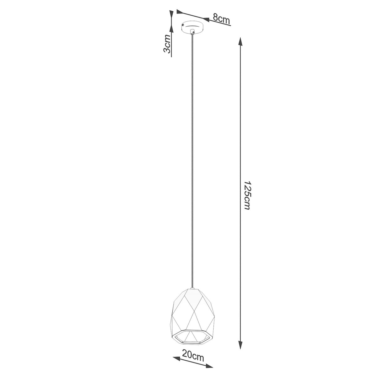 Schéma coté avec rosace 8 cm, hauteur 125 cm et diamètre 20 cm.
