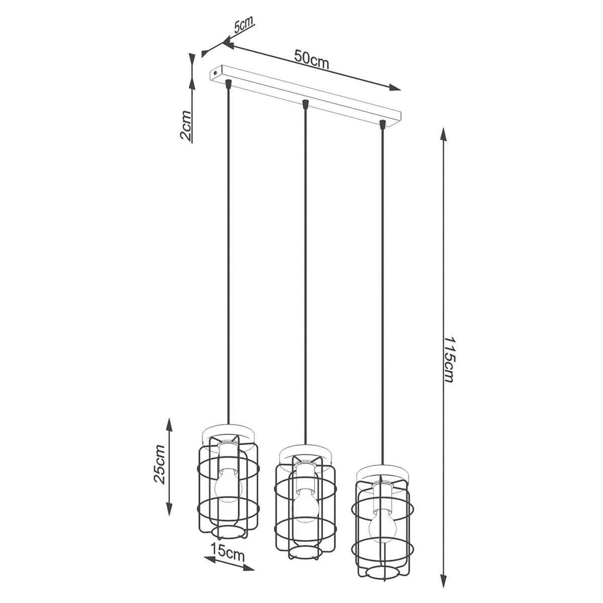 Schéma coté du luminaire avec dimensions : longueur 50 cm, hauteur 115 cm, diamètre 15 cm.