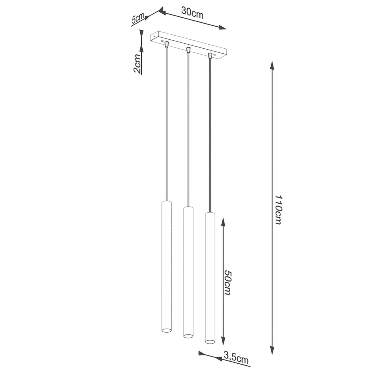 Schéma coté : barre de 30 cm, cylindres de 50 cm, hauteur totale 110 cm.