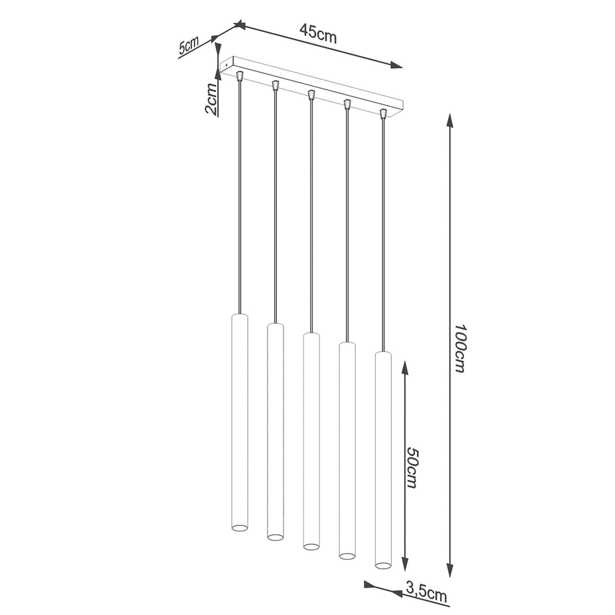Schéma coté : longueur 45 cm, hauteur 100 cm, tubes 50 cm de haut.