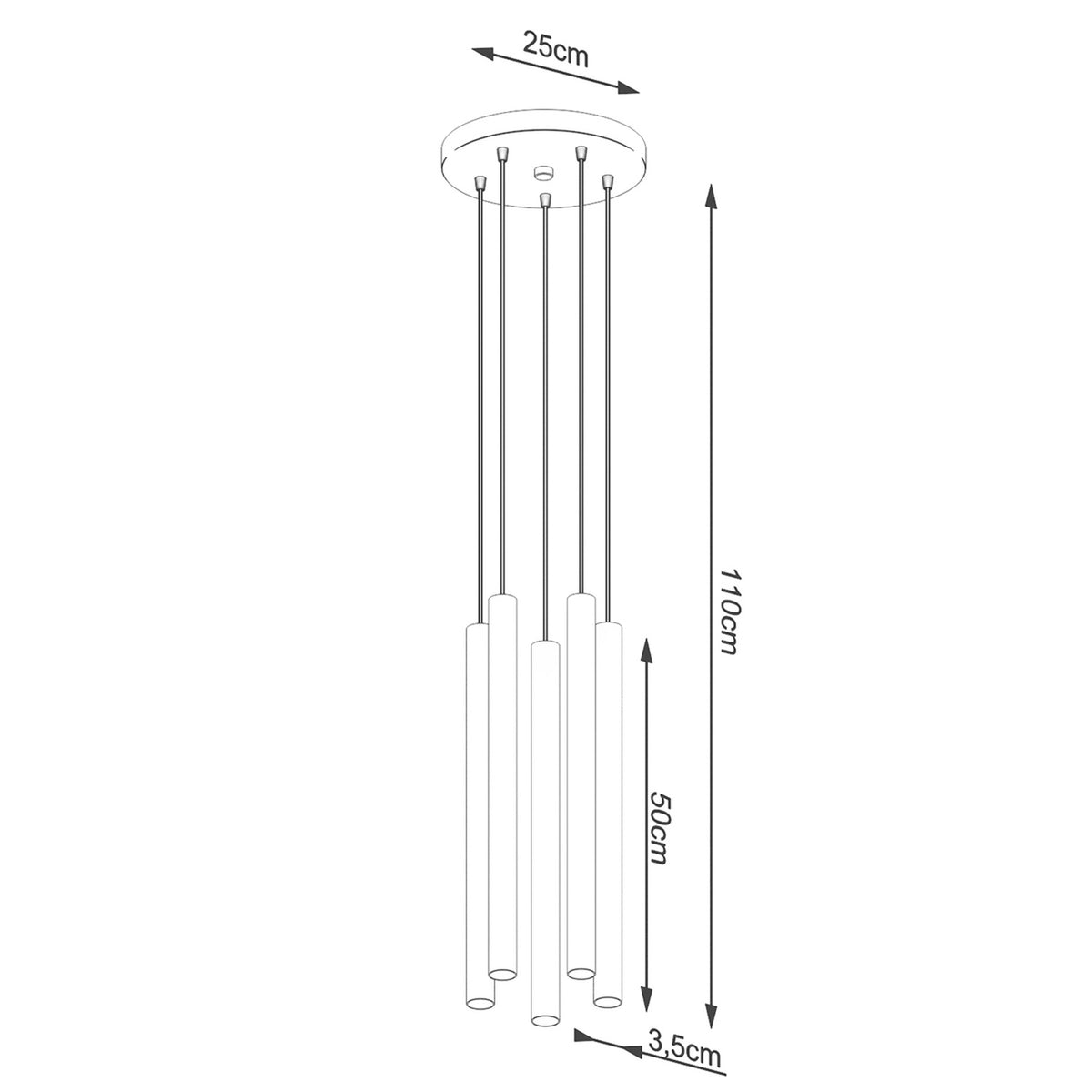 Schéma coté du luminaire avec rosace 25 cm, hauteur 110 cm et cylindres 50 cm