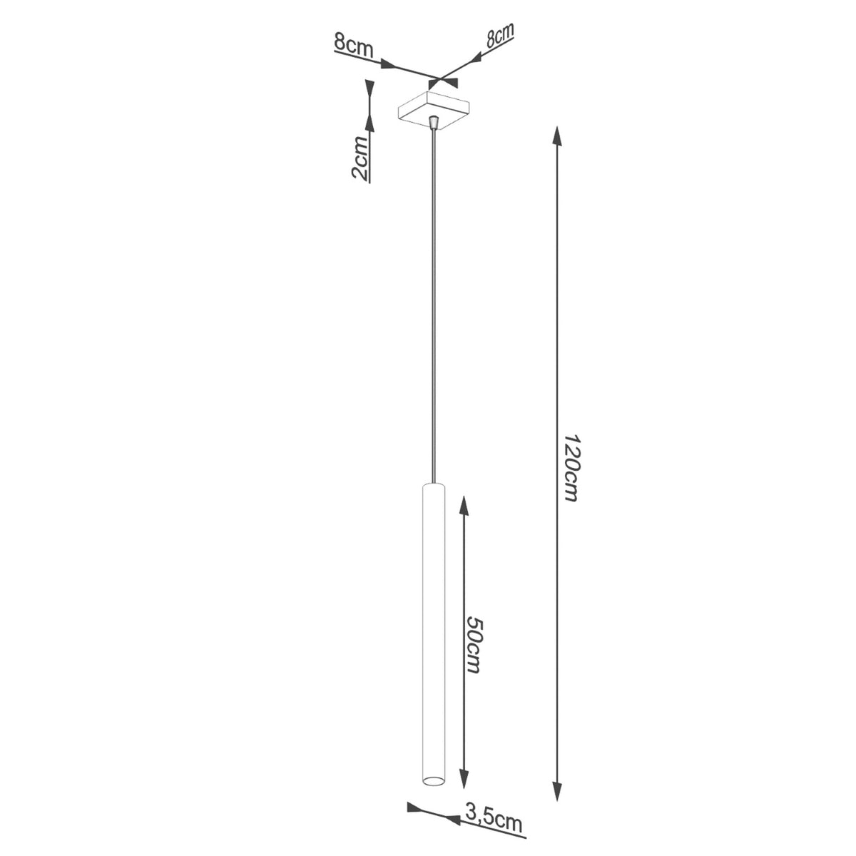 Schéma coté du luminaire : 120 cm de hauteur, diffuseur de 50 cm et base 8 cm.