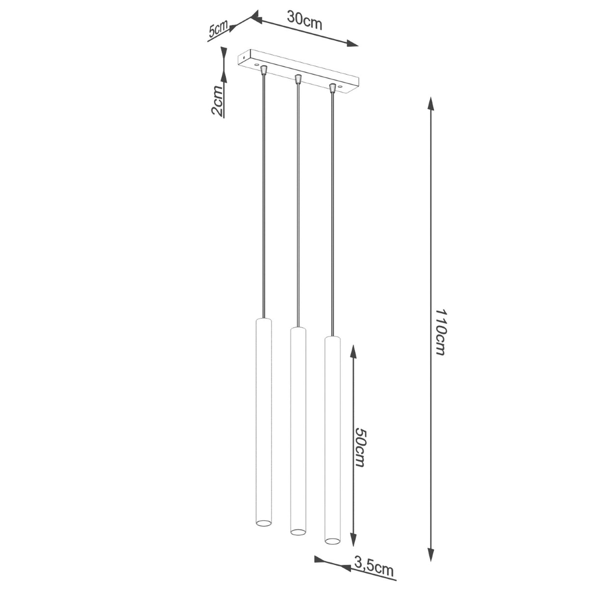 Schéma coté du luminaire : barre de 30 cm, hauteur 110 cm, cylindres de 50 cm.