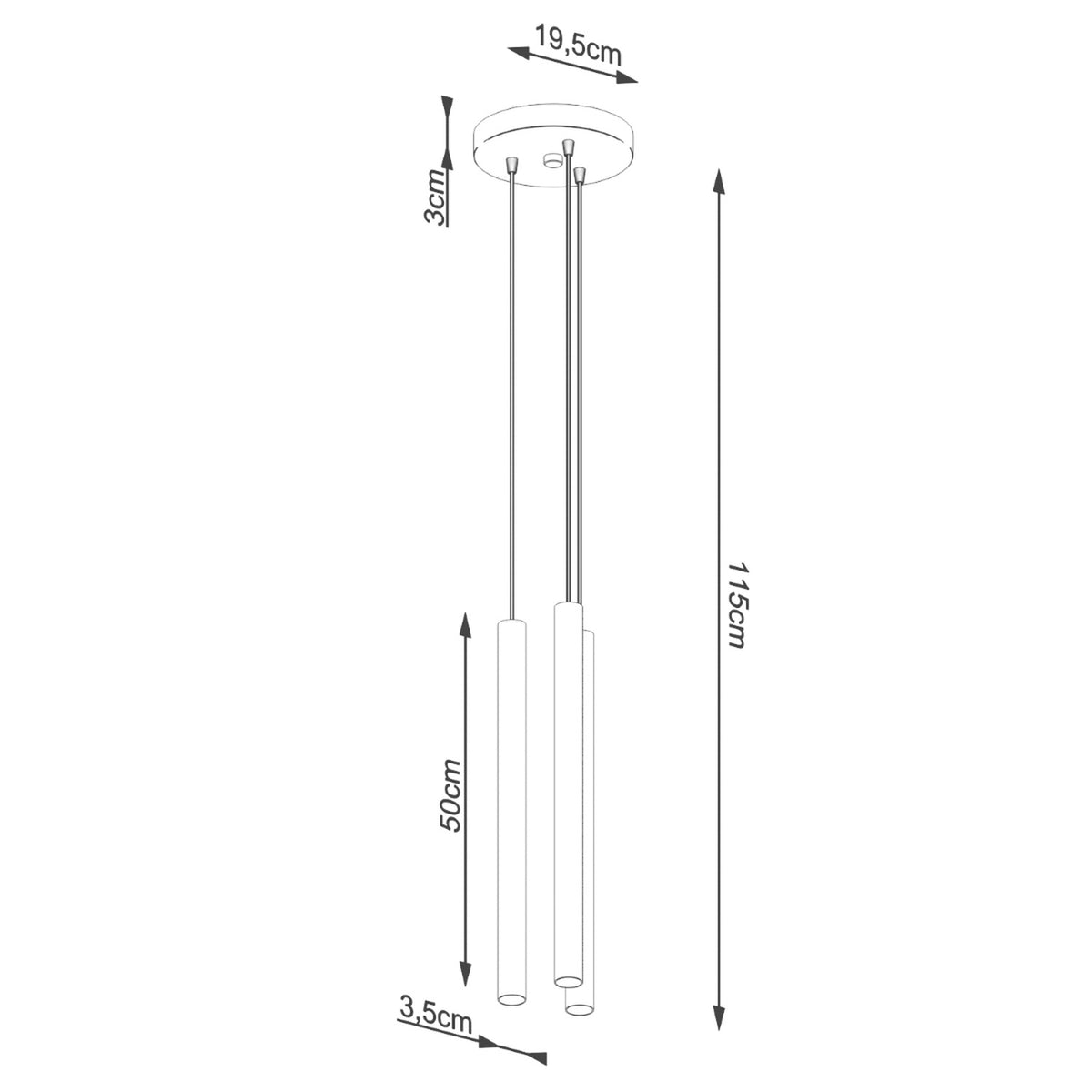 Schéma de dimensions : rosace 19,5 cm, hauteur totale 115 cm, tubes de 50 cm.