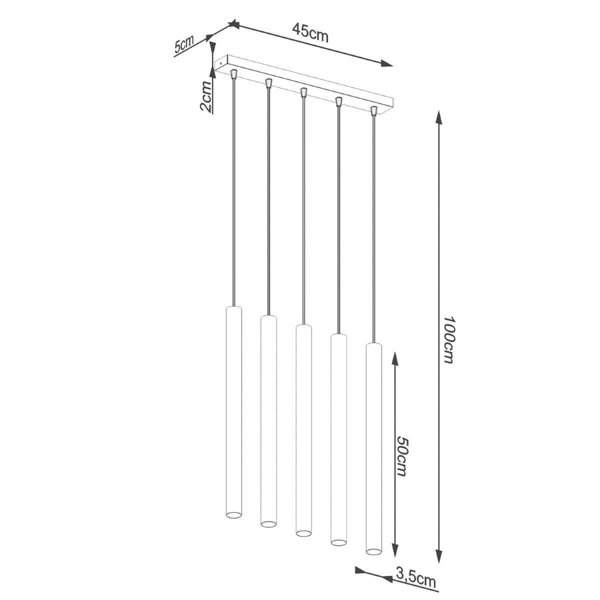 Schéma coté indiquant 45 cm de large, 50 cm de tube et 100 cm de hauteur