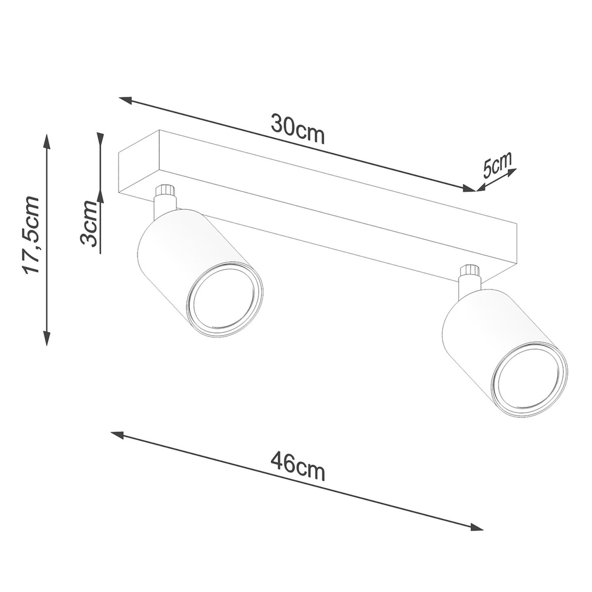 Schéma technique coté du luminaire avec dimensions 30, 46, 17,5 et 5 cm