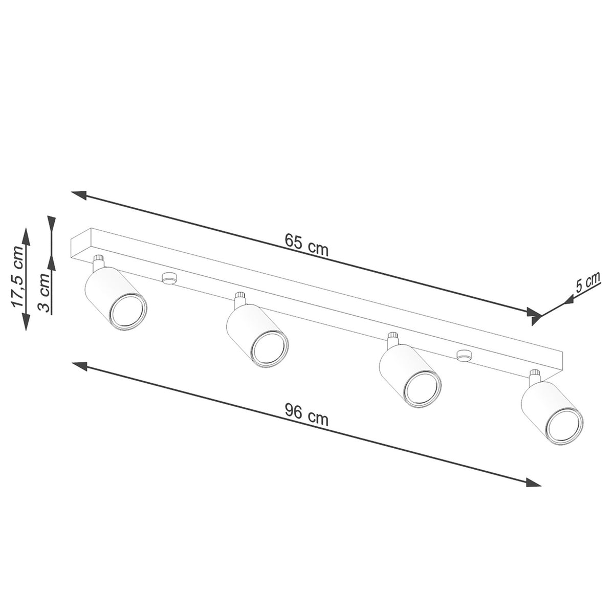 Schéma coté du plafonnier avec dimensions en centimètres longueur et hauteur