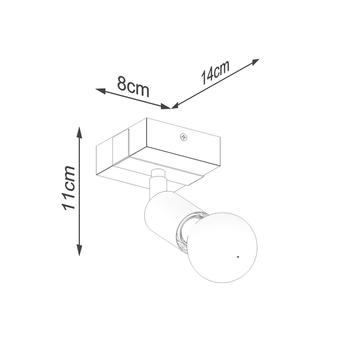 Schéma coté du luminaire : 8 cm de large, 14 cm de profondeur, 11 cm de haut