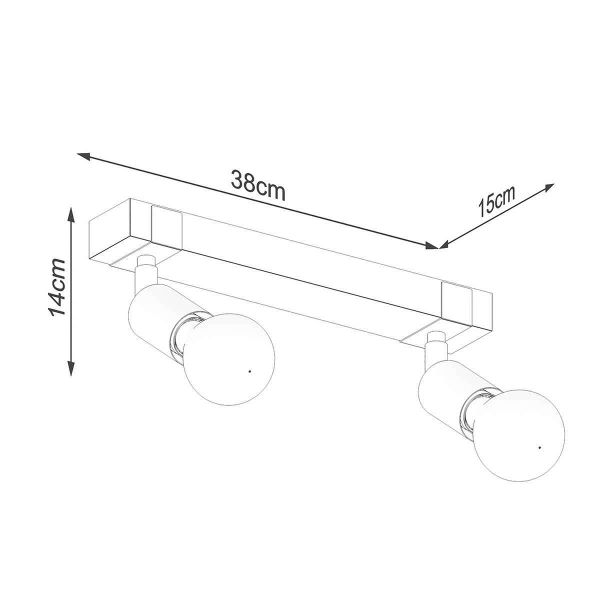 Schéma coté du plafonnier avec dimensions largeur 38 cm, profondeur 15 cm et hauteur 14 cm.