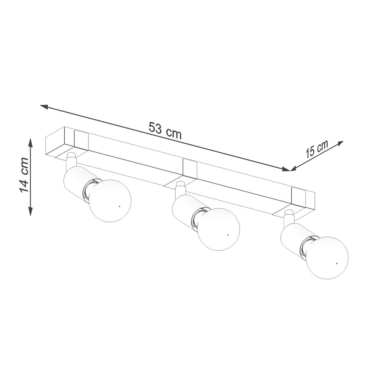 Schéma coté : 53 cm de long, 15 cm de profondeur, 14 cm de haut.