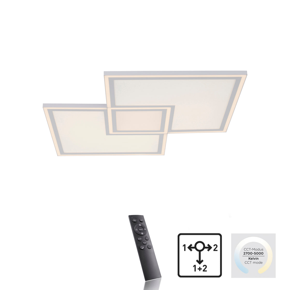 Vue de face du plafonnier blanc avec télécommande noire et pictogrammes de réglage.