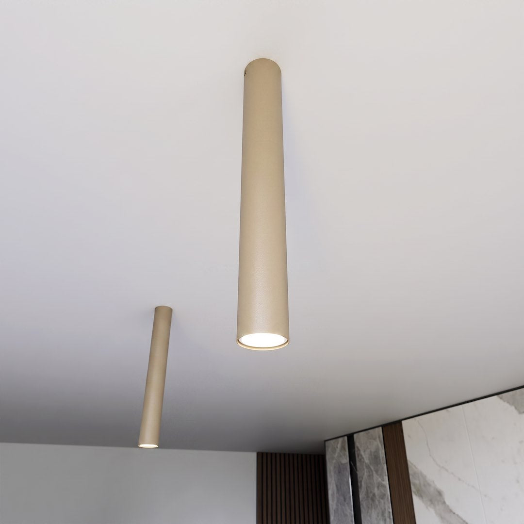 Deux cylindres beige fixés au plafond blanc dans un intérieur contemporain, éclairage vers le bas.