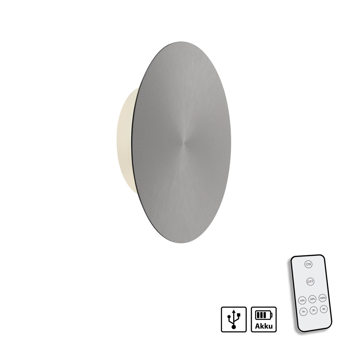 Produit de face avec télécommande, icône de charge USB et symbole batterie