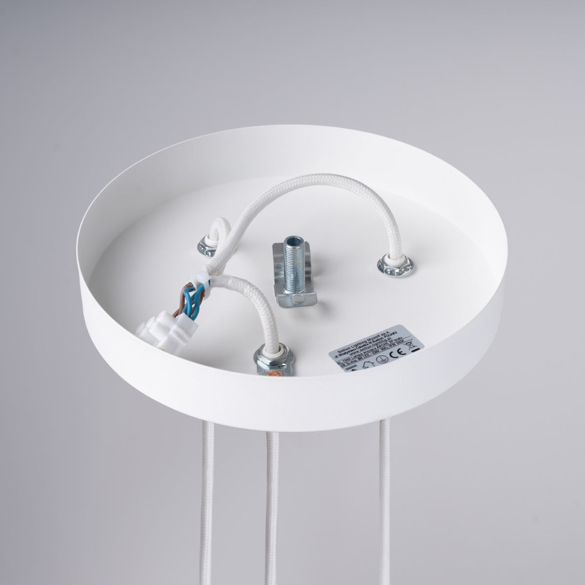 Détail du boîtier blanc avec câblage, tige filetée et connecteurs électriques.