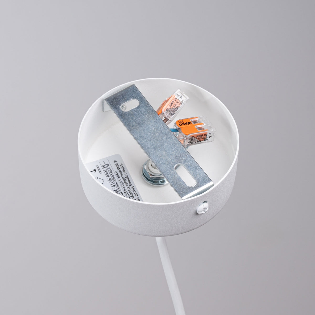 Détail de la rosace de plafond démontée, boîtier blanc, barrette métallique et dominos électriques visibles.