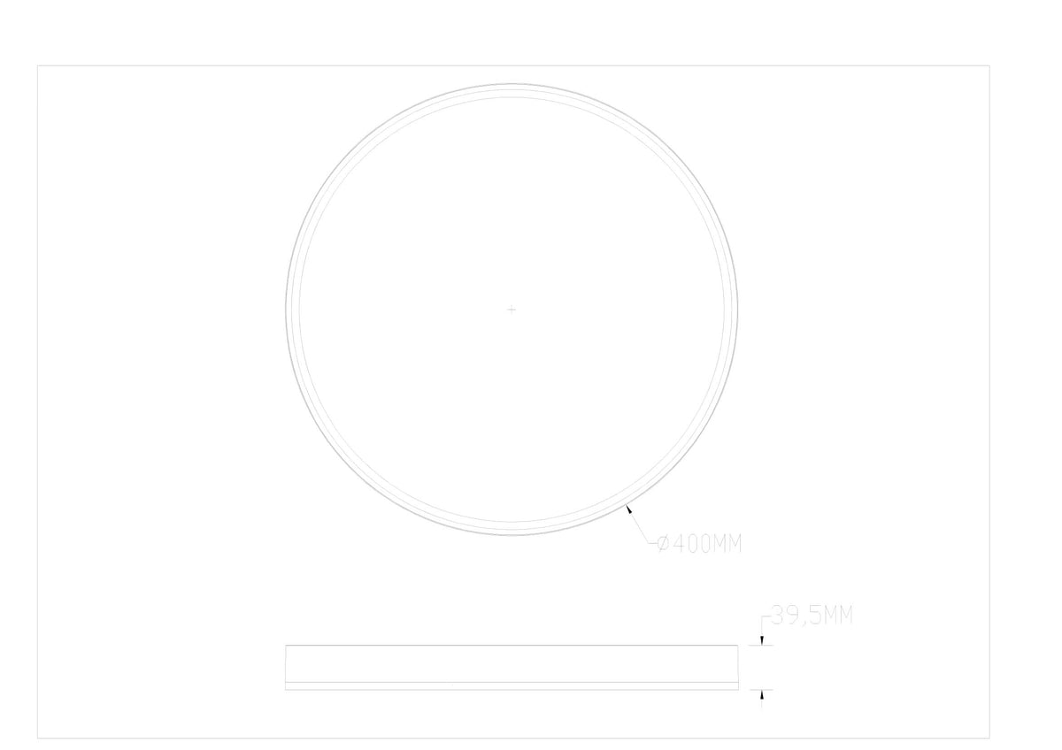 Schéma de dimensions du plafonnier rond : diamètre 400 mm, hauteur 39,5 mm.