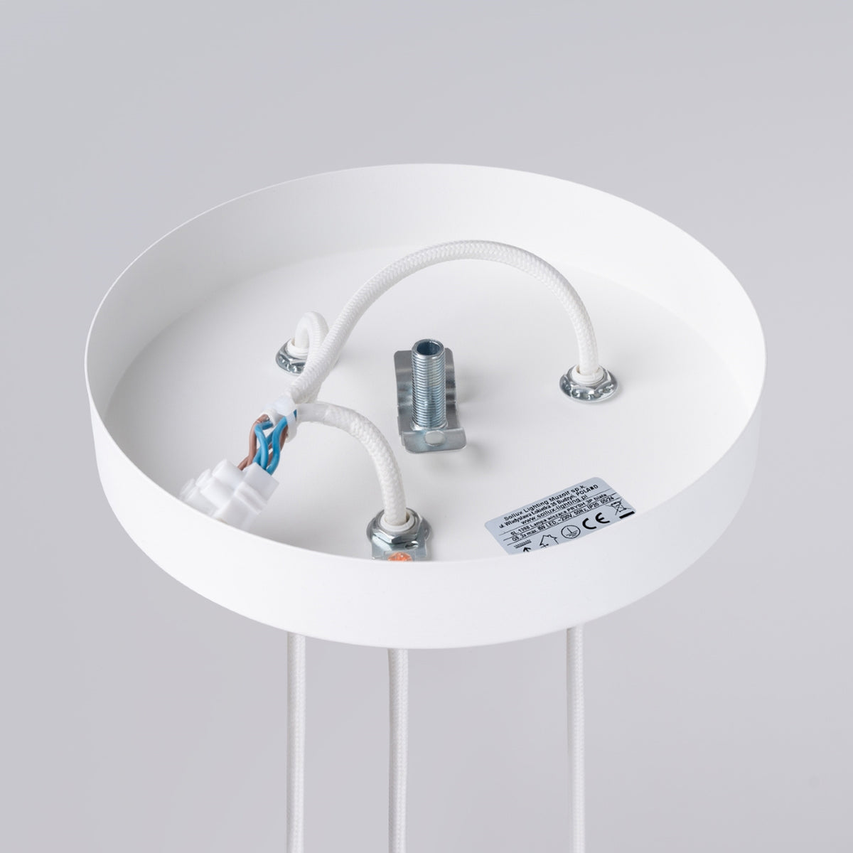 Détail du socle de plafond ouvert avec câblage et étiquette produit
