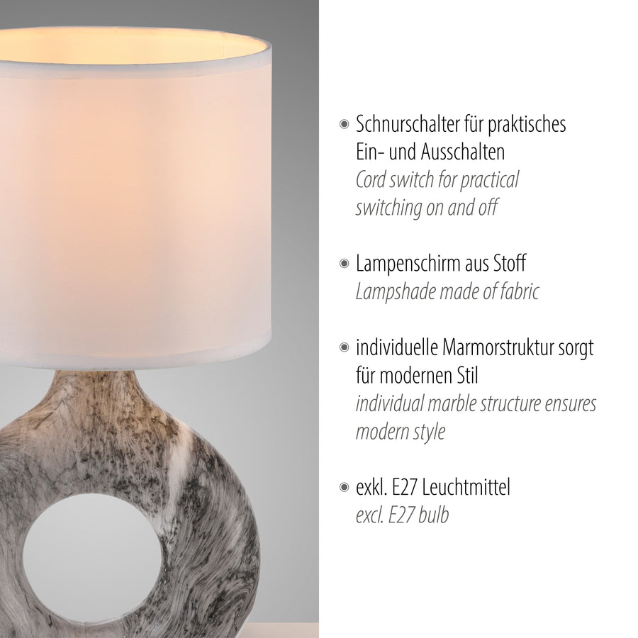 Gros plan de la lampe avec liste de caractéristiques techniques en allemand et français