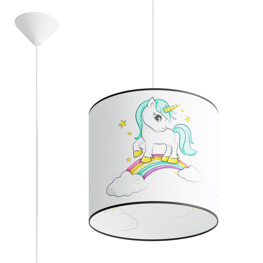 Lampe suspendue à abat-jour cylindrique blanc orné d'une licorne sur un arc-en-ciel.