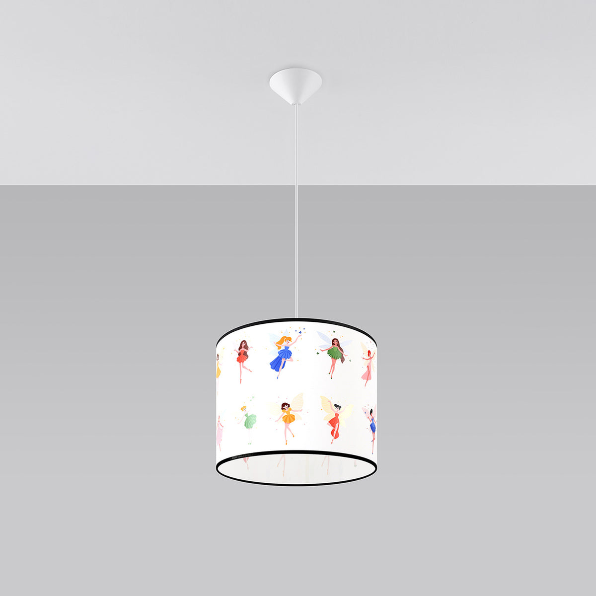 Suspension vue de face sur fond gris, diffuseur cylindrique et silhouette des fées.