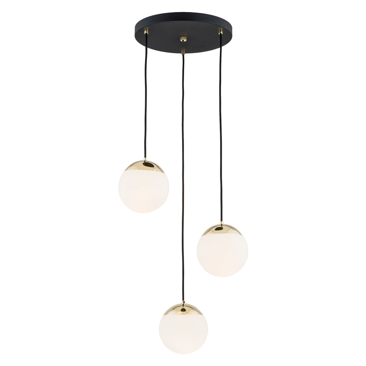 Vue de face du luminaire avec platine noire et trois globes suspendus à hauteurs décalées.