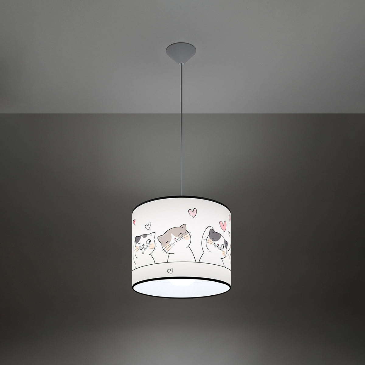Lampe suspendue allumée dans une ambiance sombre, l'abat-jour diffuse une lumière douce.