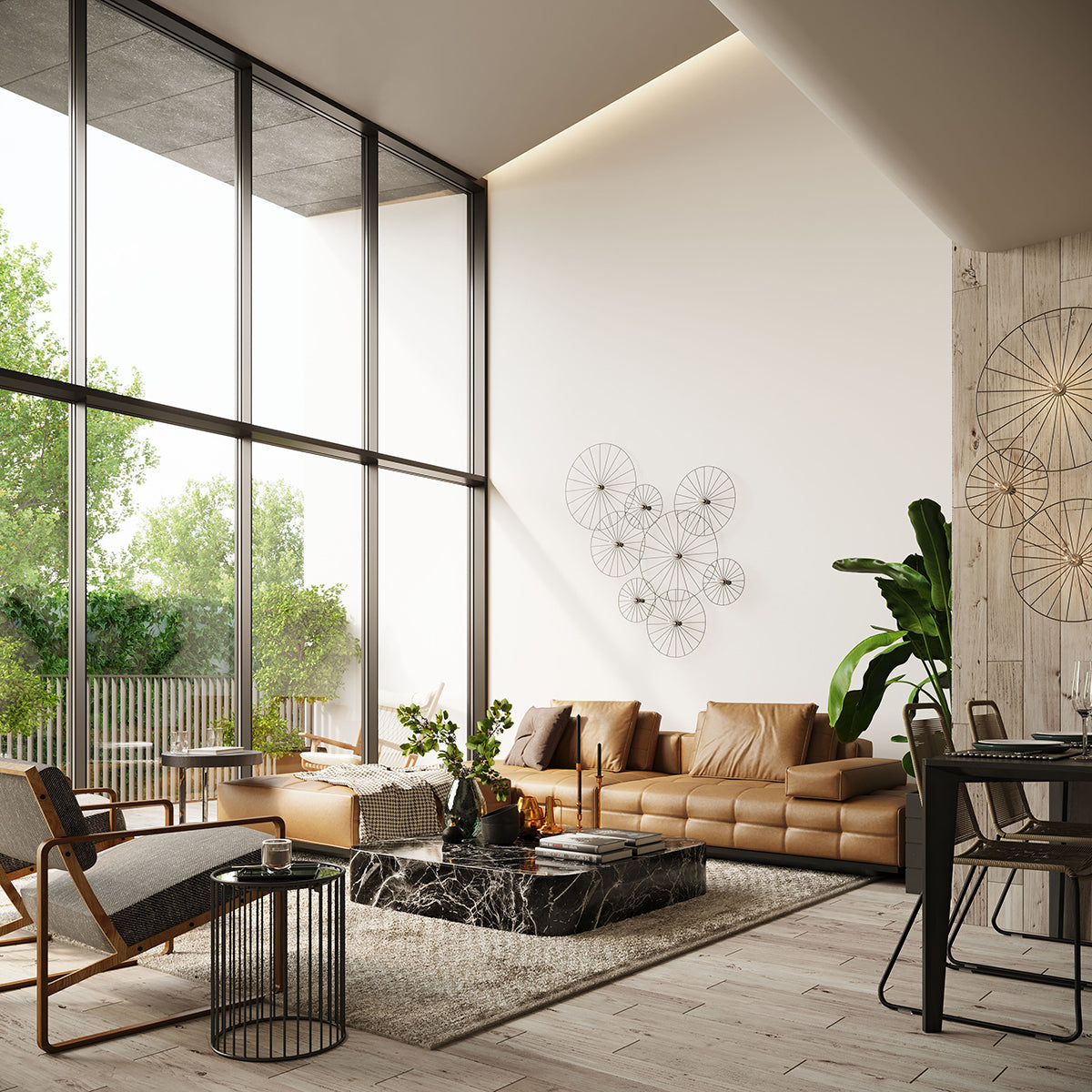 Mise en ambiance dans un salon, plusieurs appliques rondes groupées sur le mur blanc