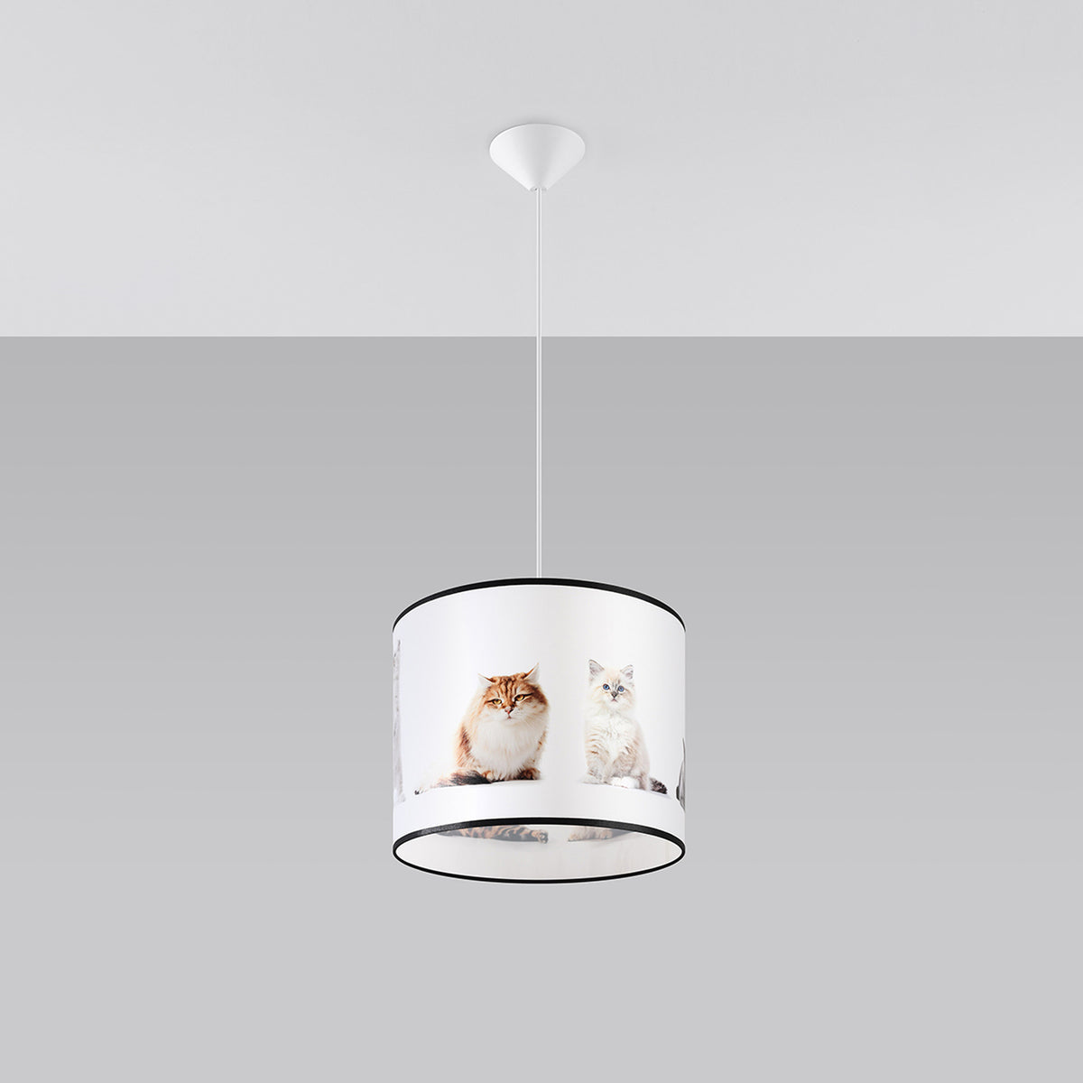 Vue en situation sur plafond gris, abat-jour cylindrique avec chats assis