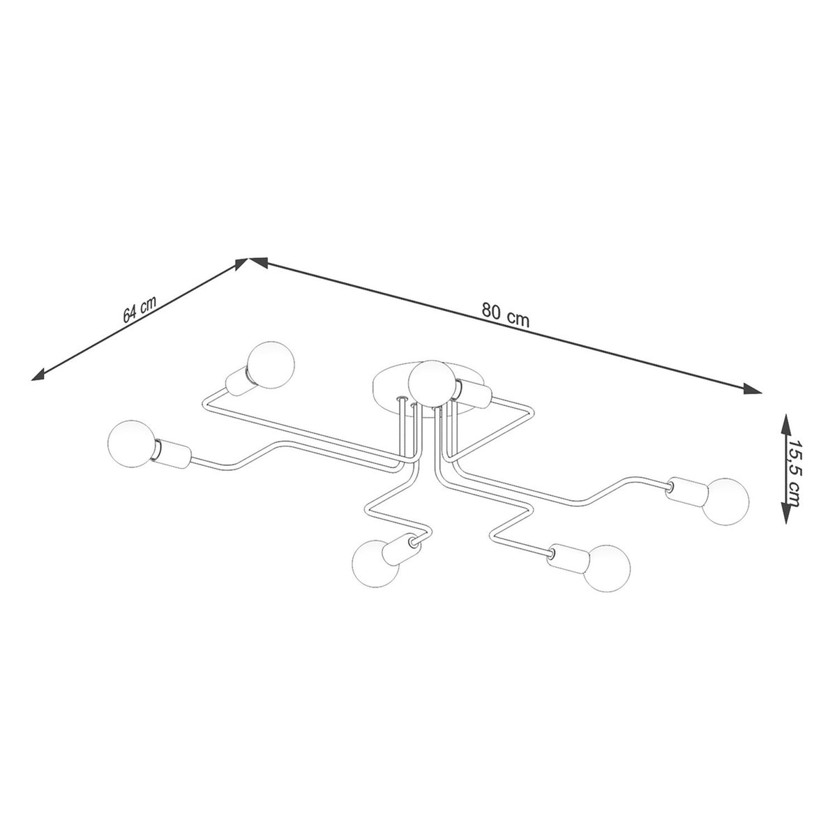 Schéma coté indiquant 80 cm de large, 64 cm de profondeur et 15,5 cm de hauteur