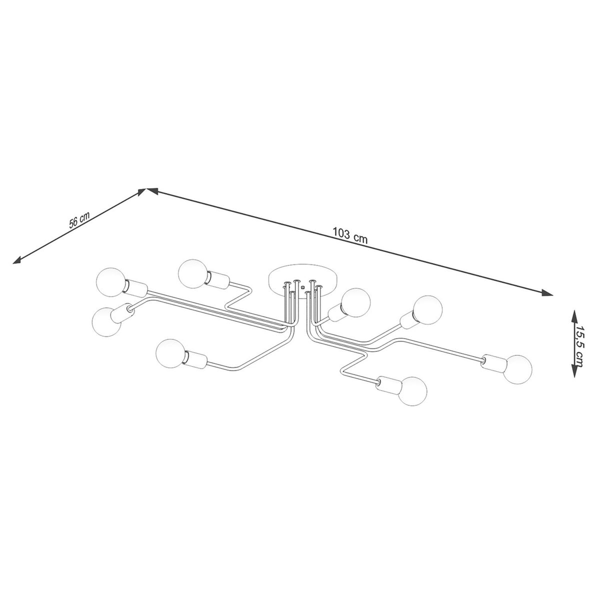 Schéma coté du luminaire avec largeur 103 cm, profondeur 56 cm et hauteur 15,5 cm.
