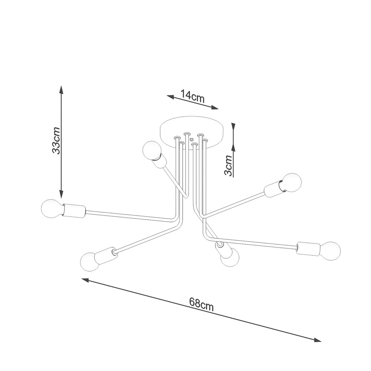 Schéma coté du luminaire avec largeur 68 cm, hauteur 33 cm et rosace 14 cm