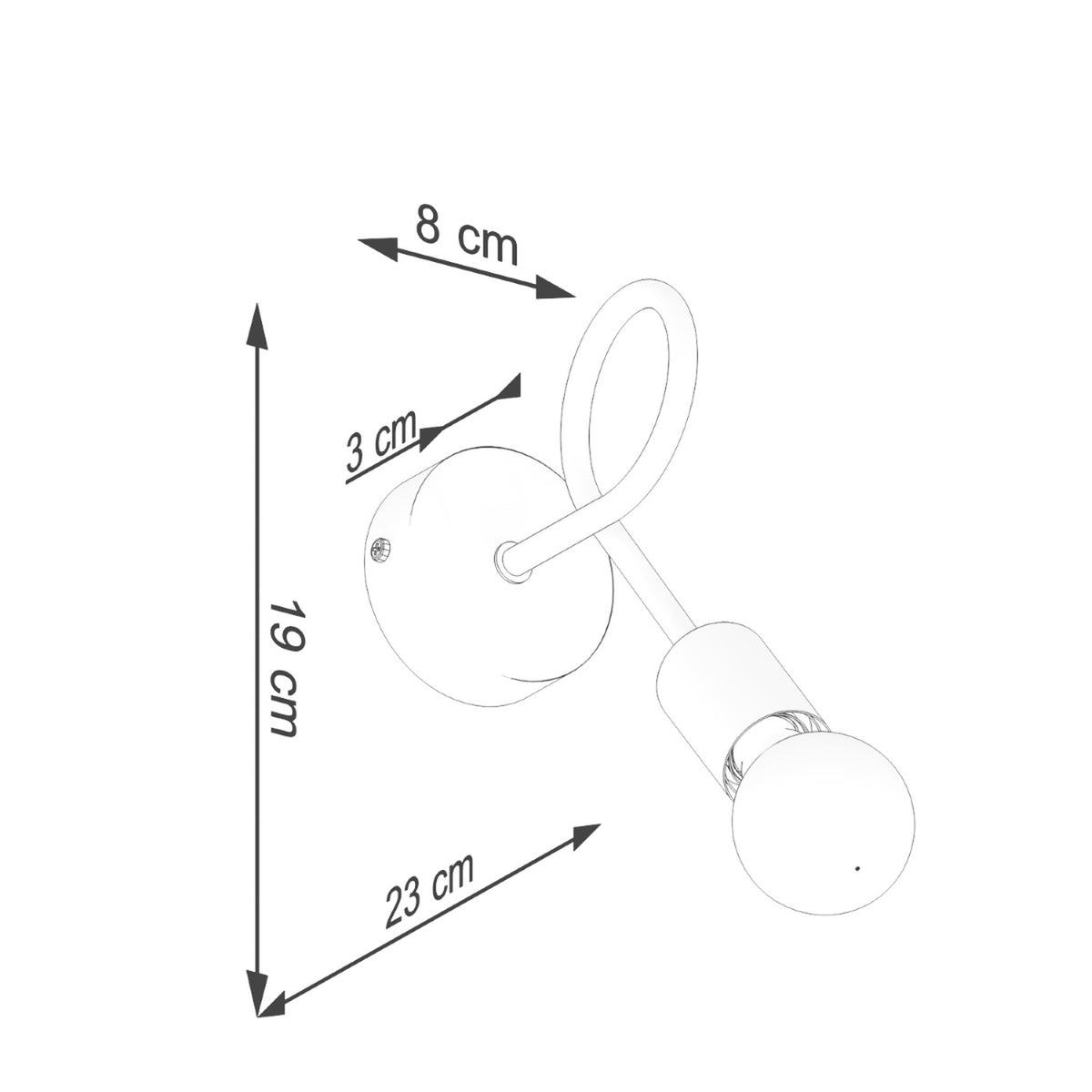 Schéma de dimensions de l'applique avec mesures en centimètres 8, 3, 19 et 23 cm.