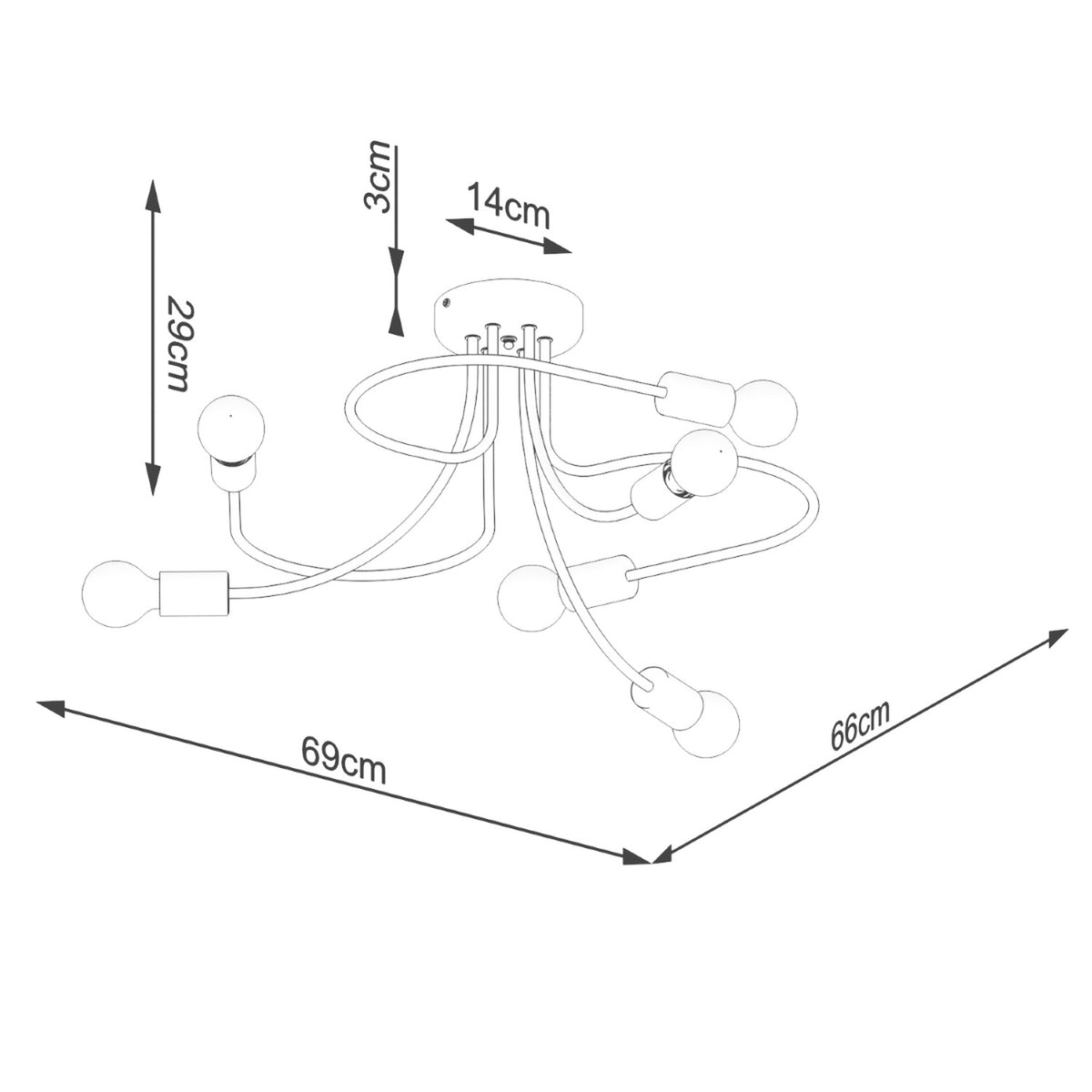 Schema de dimensions du luminaire indiquant 69, 66 et 29 cm
