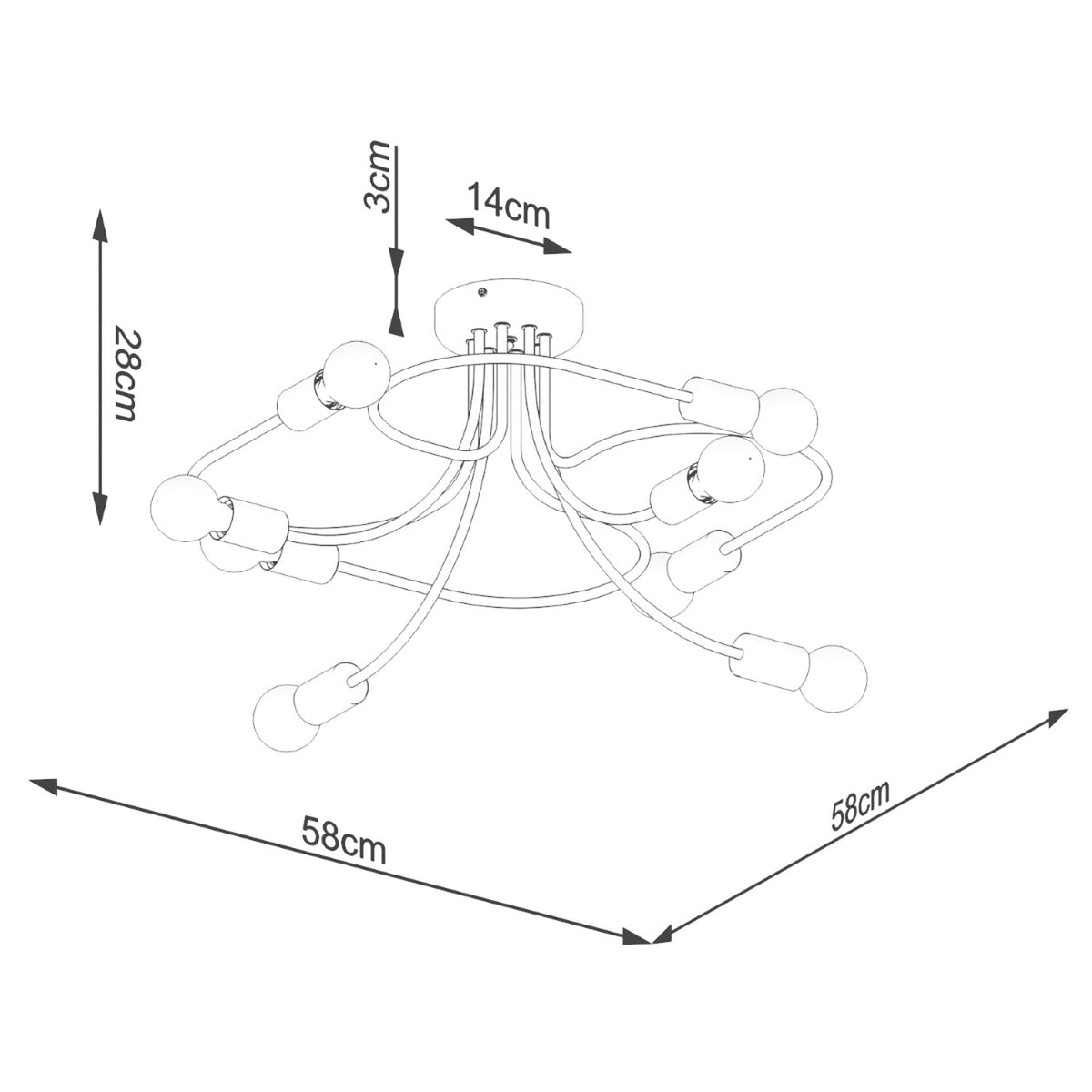 Schéma technique coté du luminaire avec mesures 58 cm, 28 cm et 14 cm.