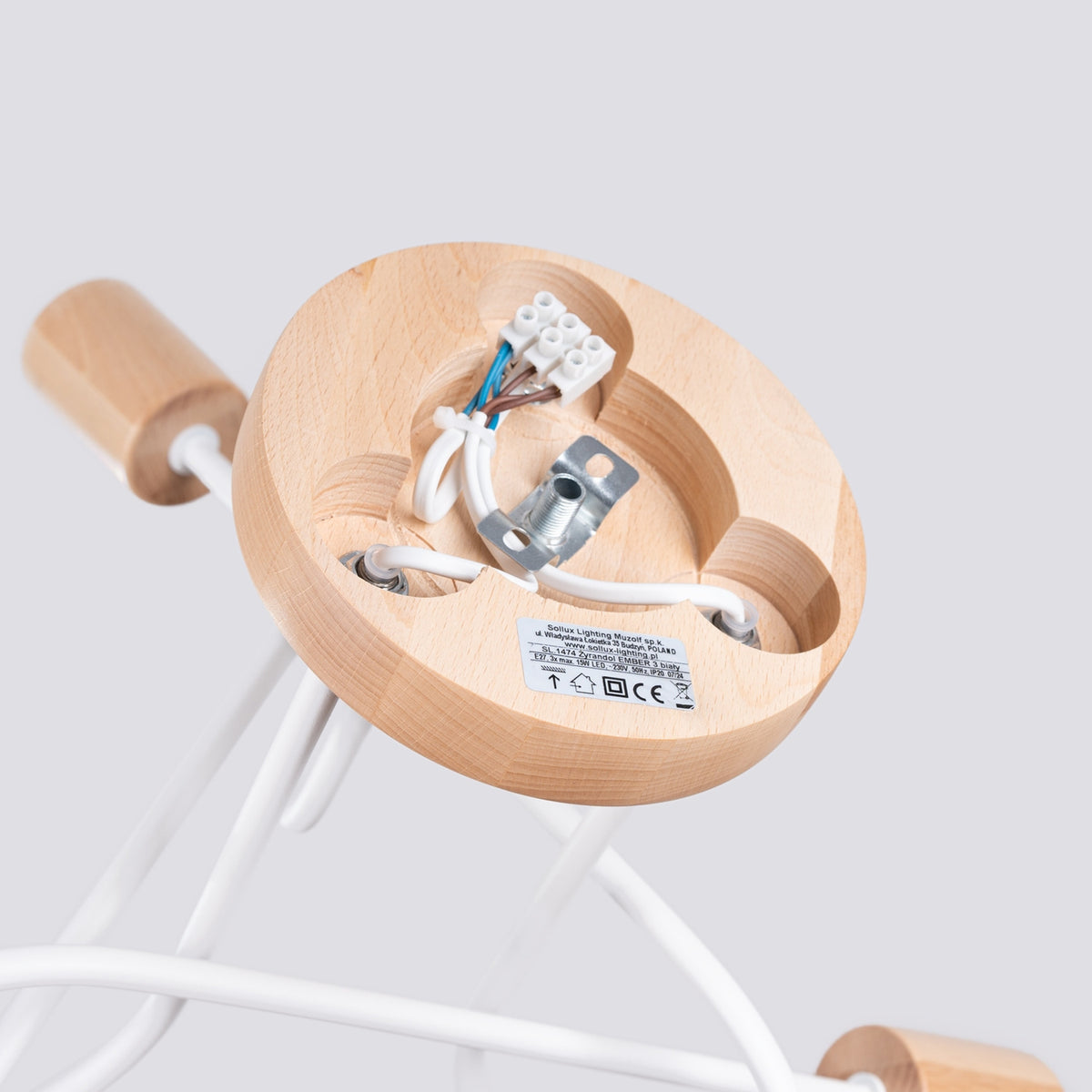 Détail du socle en bois vu de dessous, bornier et étiquette technique visibles