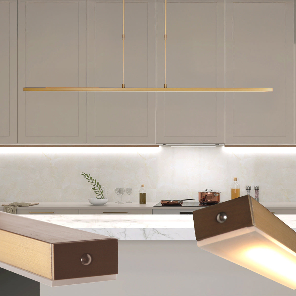 Lustre doré moderne Zelena en situation au-dessus d'un plan, lumière chaude