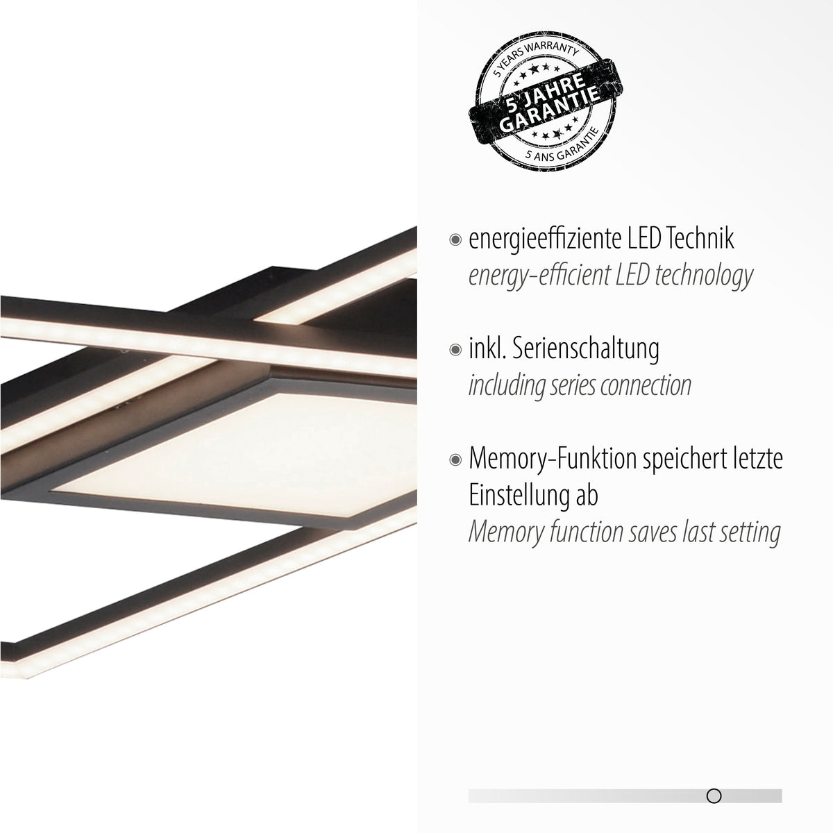 Détail de la finition noire et du diffuseur LED avec label garantie cinq ans