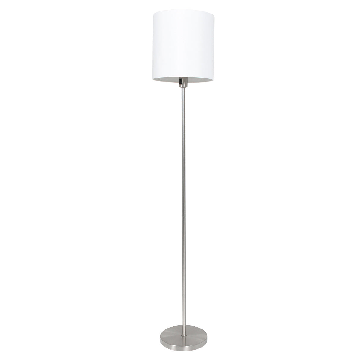 Lampadaire éteint de face, abat-jour blanc opaque sur socle rond métallique