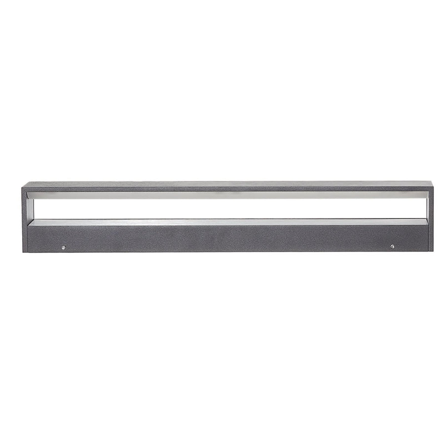Vue frontale de l’applique rectangulaire noire sur fond blanc, ouverture lumineuse horizontale.