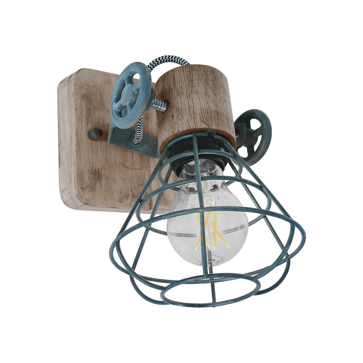 Même applique murale éclairée, montrant l'ampoule à filament et la cage conique.