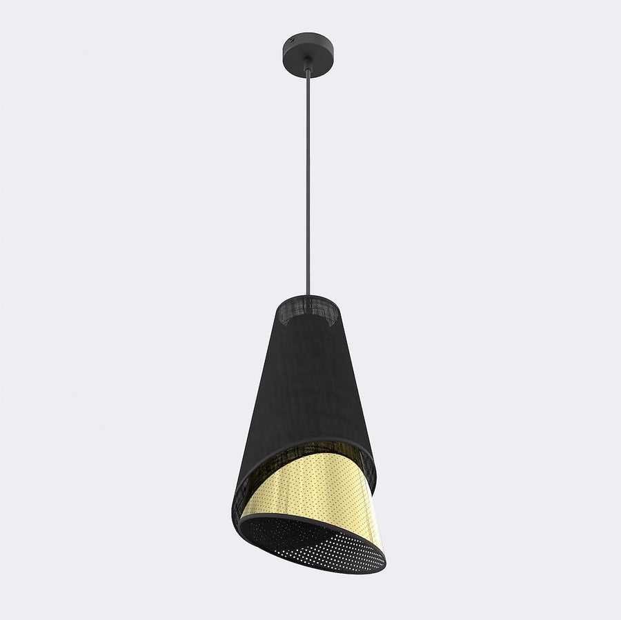 Détail de l'abat-jour incliné, finition tissu noir et métal doré perforé