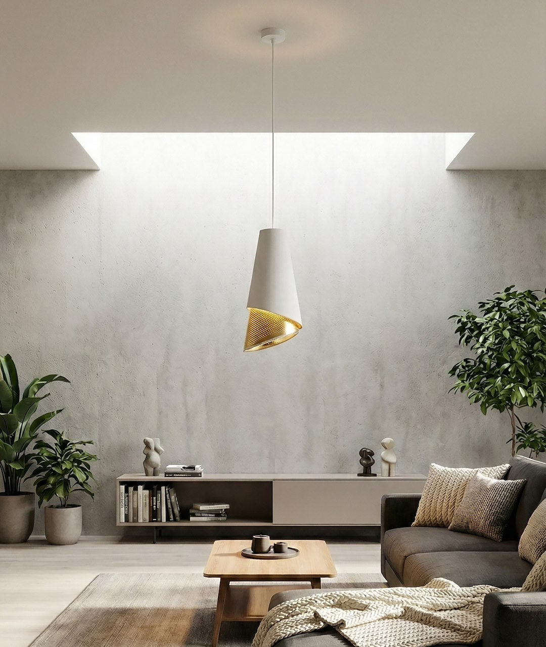 Mise en ambiance d'une pièce à mur béton, suspension conique éclairant un salon gris