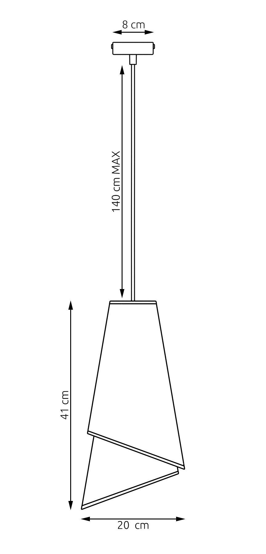 Schéma technique coté : hauteur 41 cm, diamètre 20 cm, câble réglable à 140 cm