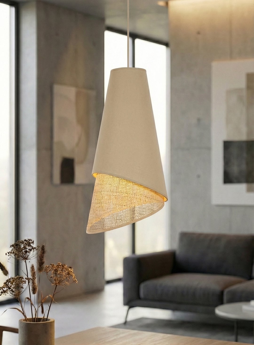 Suspension Moda 3 lumières noire, tissu rotin