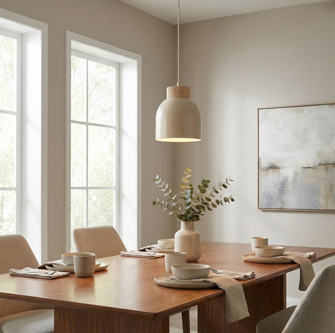 Suspension beige éclairée au-dessus d'une table dressée avec vase d'eucalyptus