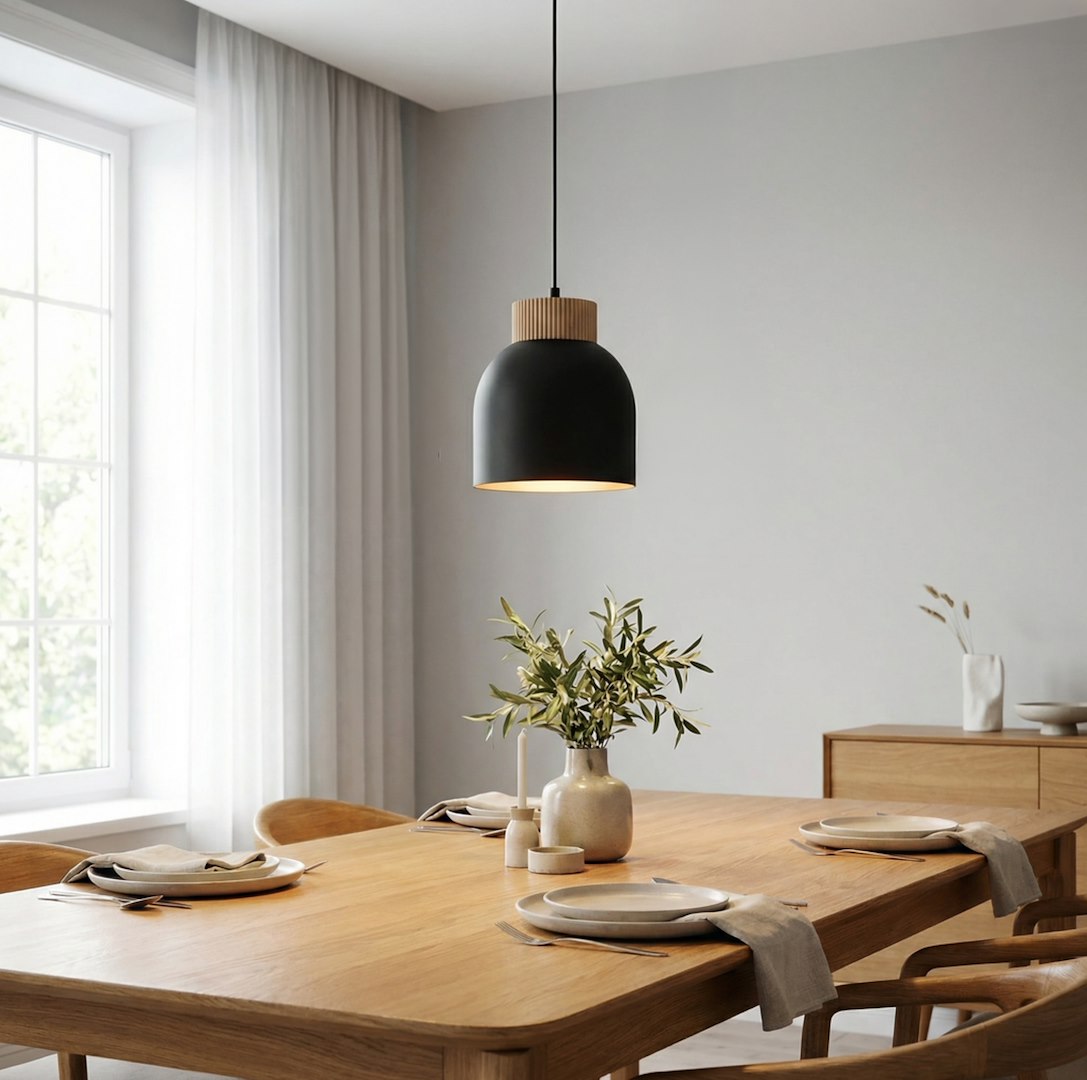 Abat-jour allumé éclairant une table dressée près d'une grande fenêtre