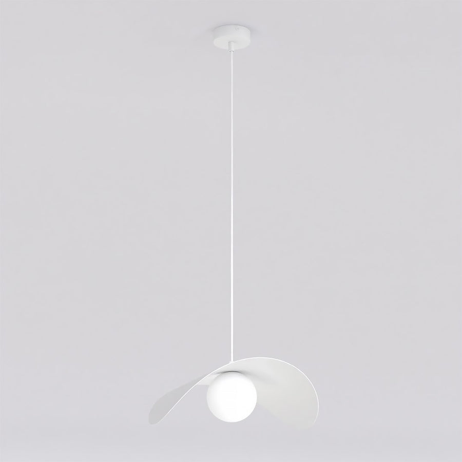 Vue de profil du luminaire suspendu avec câble fin et abat-jour blanc.