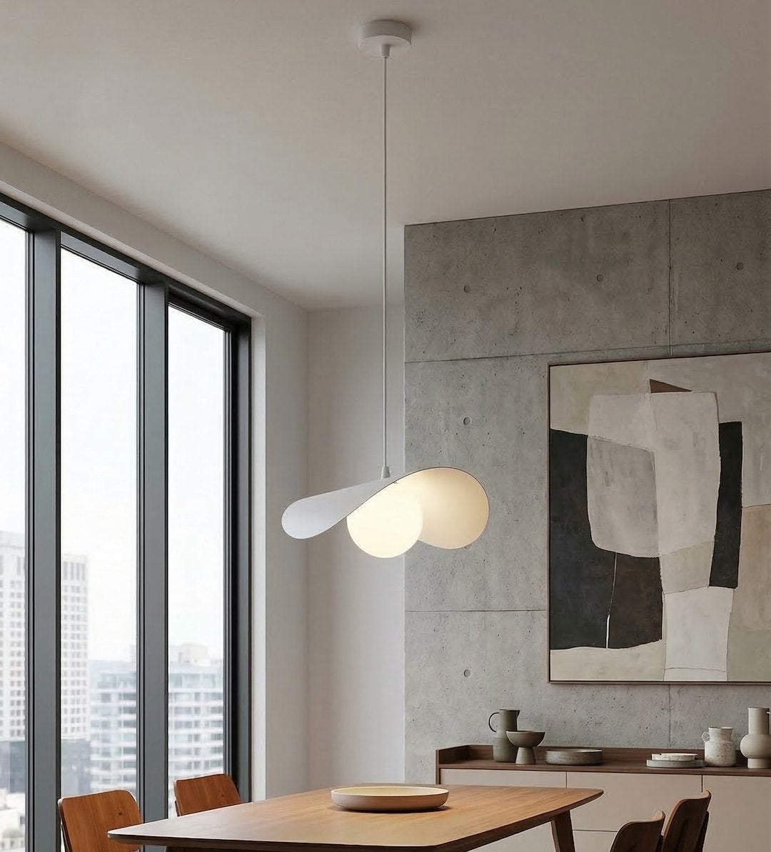 Luminaire suspendu blanc au-dessus d'une table, mur béton, tableau abstrait et grandes fenêtres.